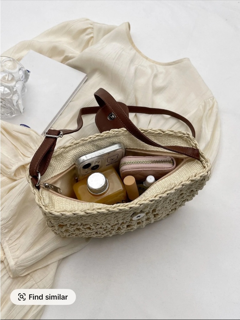 Woven Straw Crossbody Bag with Brown Leather Trim - Picture 4 of 4